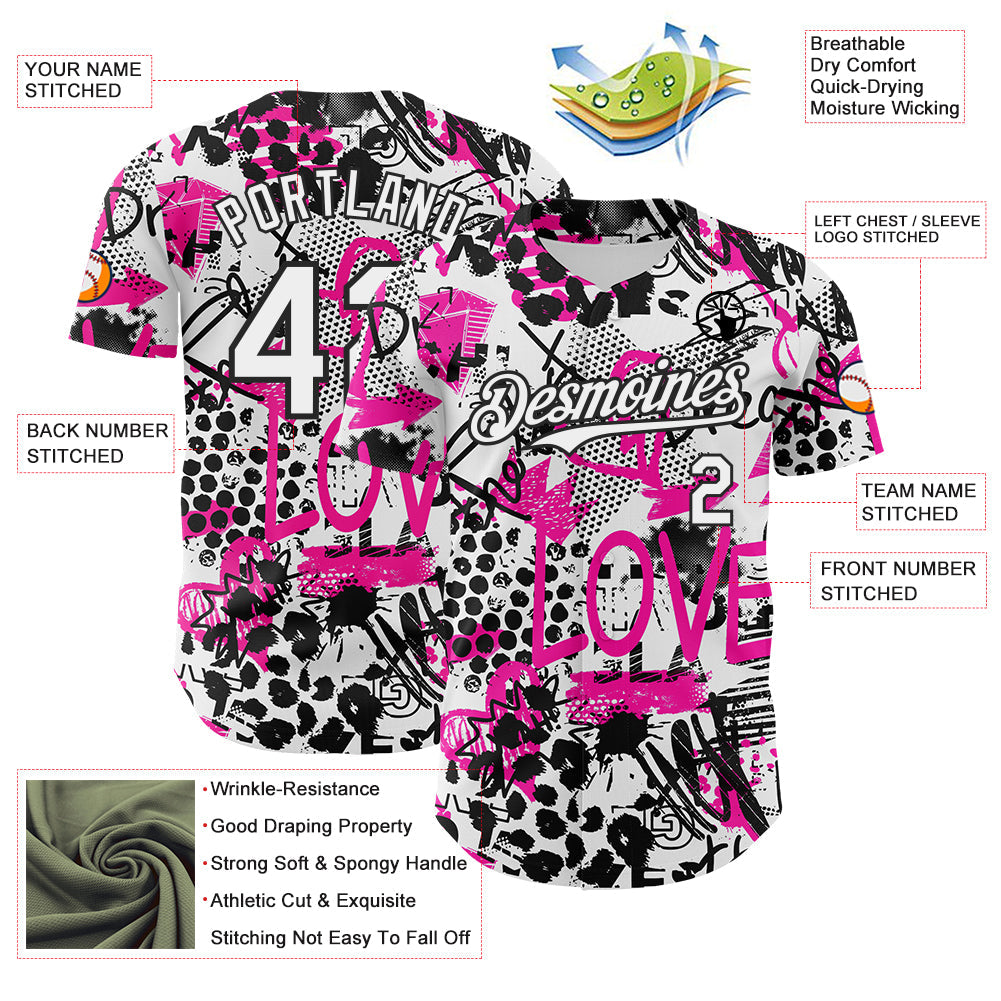 Custom Graffiti Pattern White-Black 3D Authentic Baseball Jersey