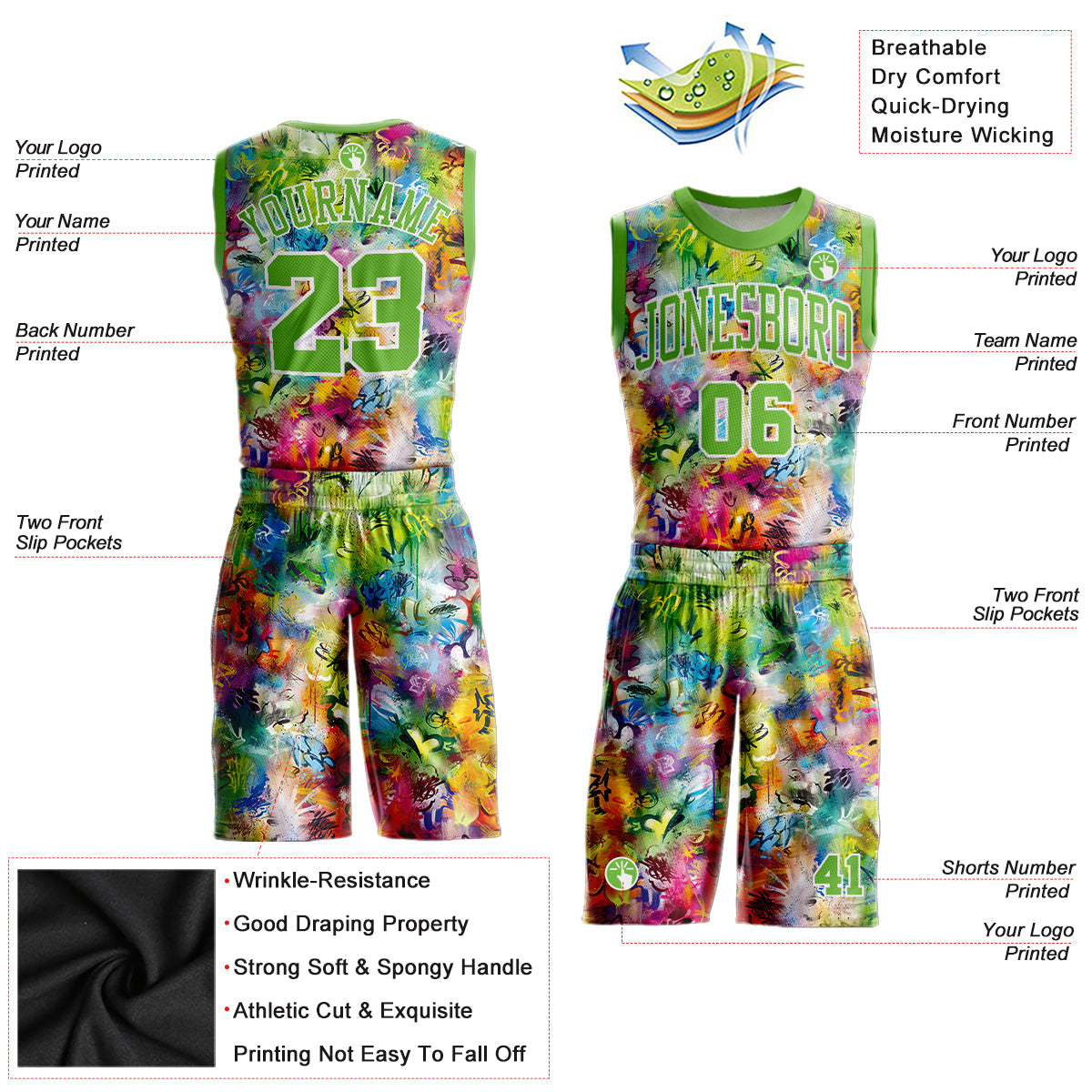 Custom Graffiti Pattern Neon Green-White Round Neck Sublimation Basketball Uniform Jersey