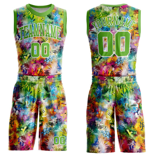 Custom Graffiti Pattern Neon Green-White Round Neck Sublimation Basketball Uniform Jersey