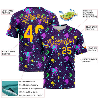 Custom Graffiti Pattern Gold-Purple 3D Clashing Colors Paint-Splatter Performance T-Shirt