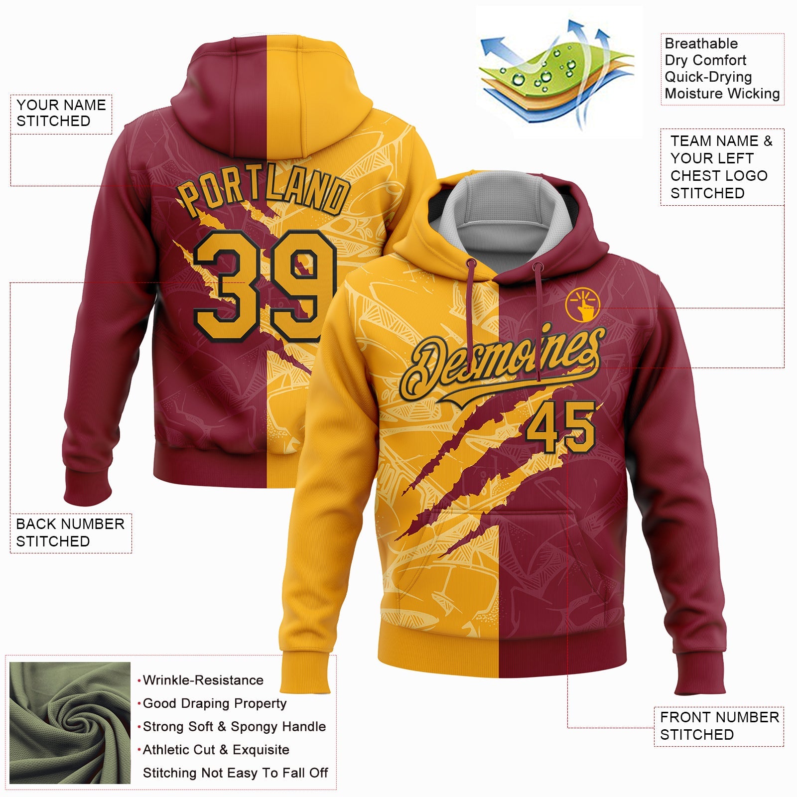 Custom Stitched Graffiti Pattern Gold Crimson-Black 3D Scratch Sports Pullover Sweatshirt Hoodie