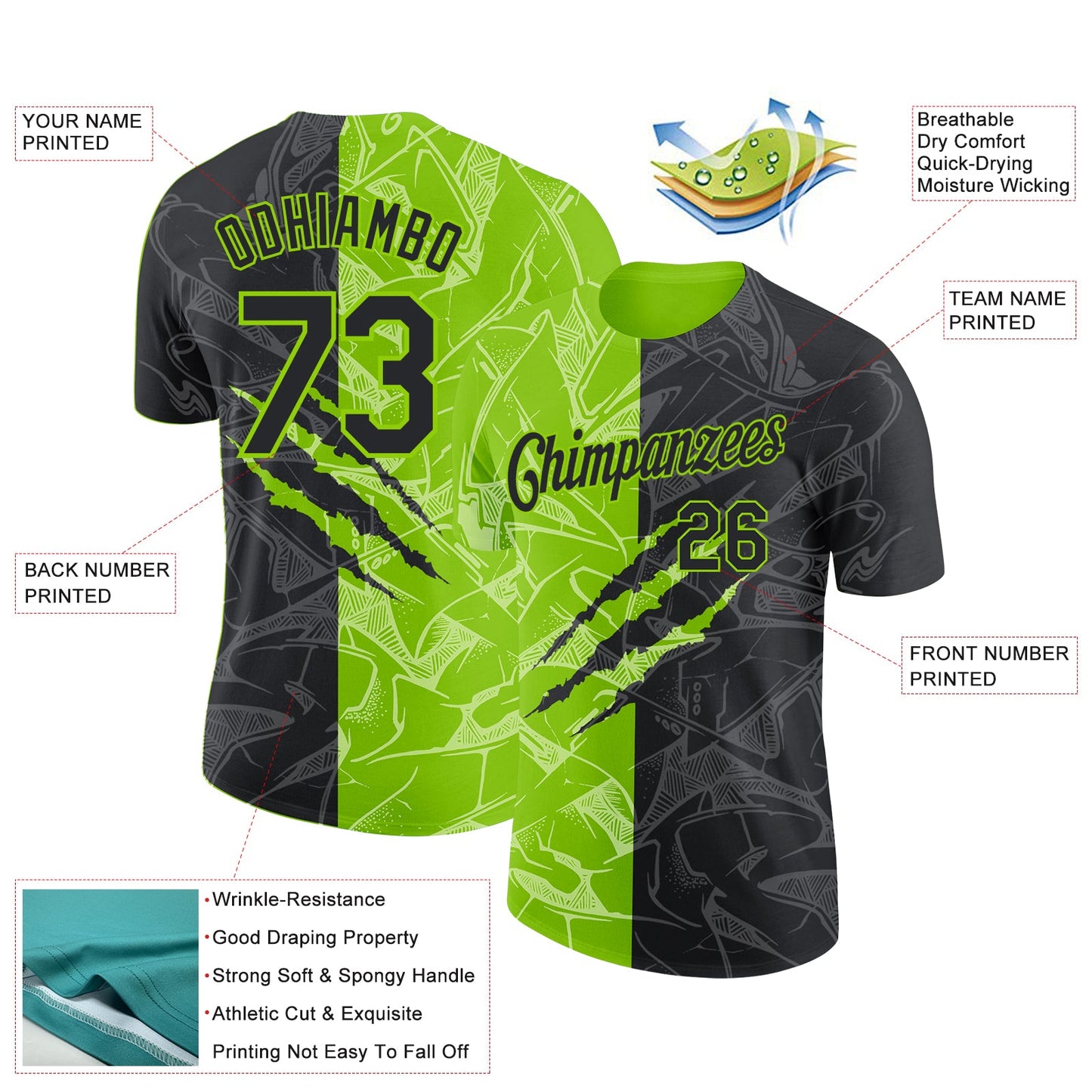 Custom Graffiti Pattern Black-Neon Green Scratch 3D Performance T-Shirt