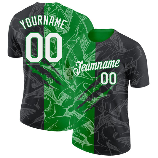 Custom Graffiti Pattern White Black-Grass Green Scratch 3D Performance T-Shirt
