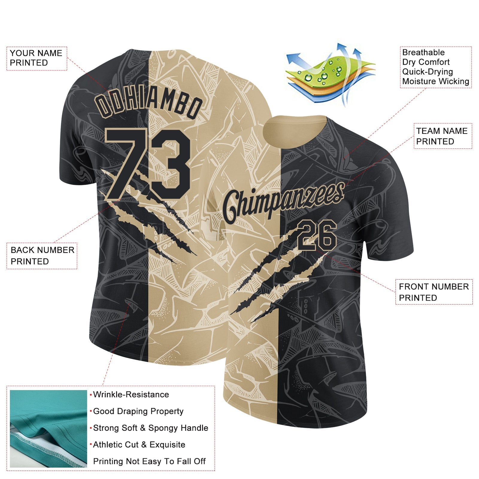 Custom Graffiti Pattern Black-Vegas Gold Scratch 3D Performance T-Shirt