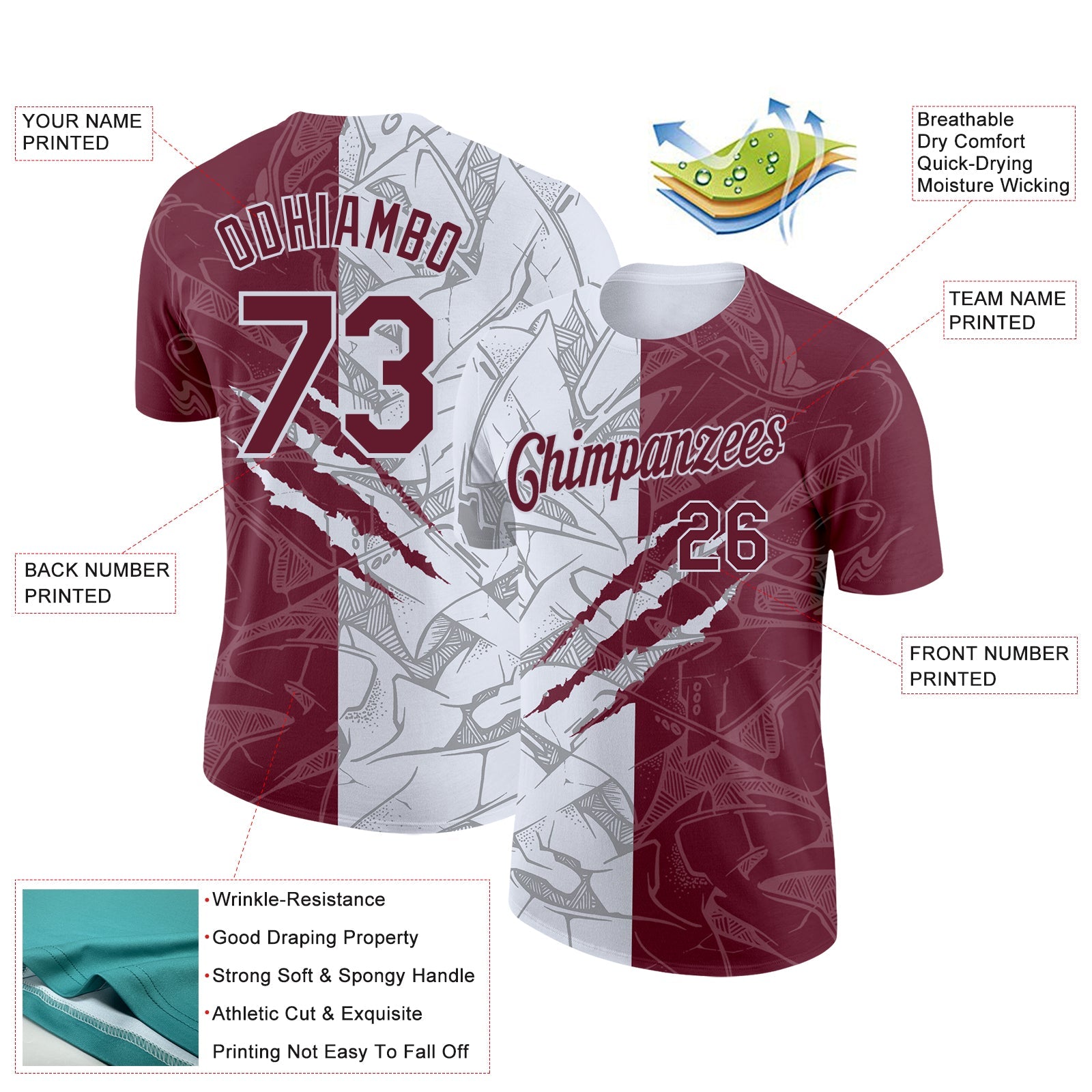 Custom Graffiti Pattern Burgundy-White Scratch 3D Performance T-Shirt