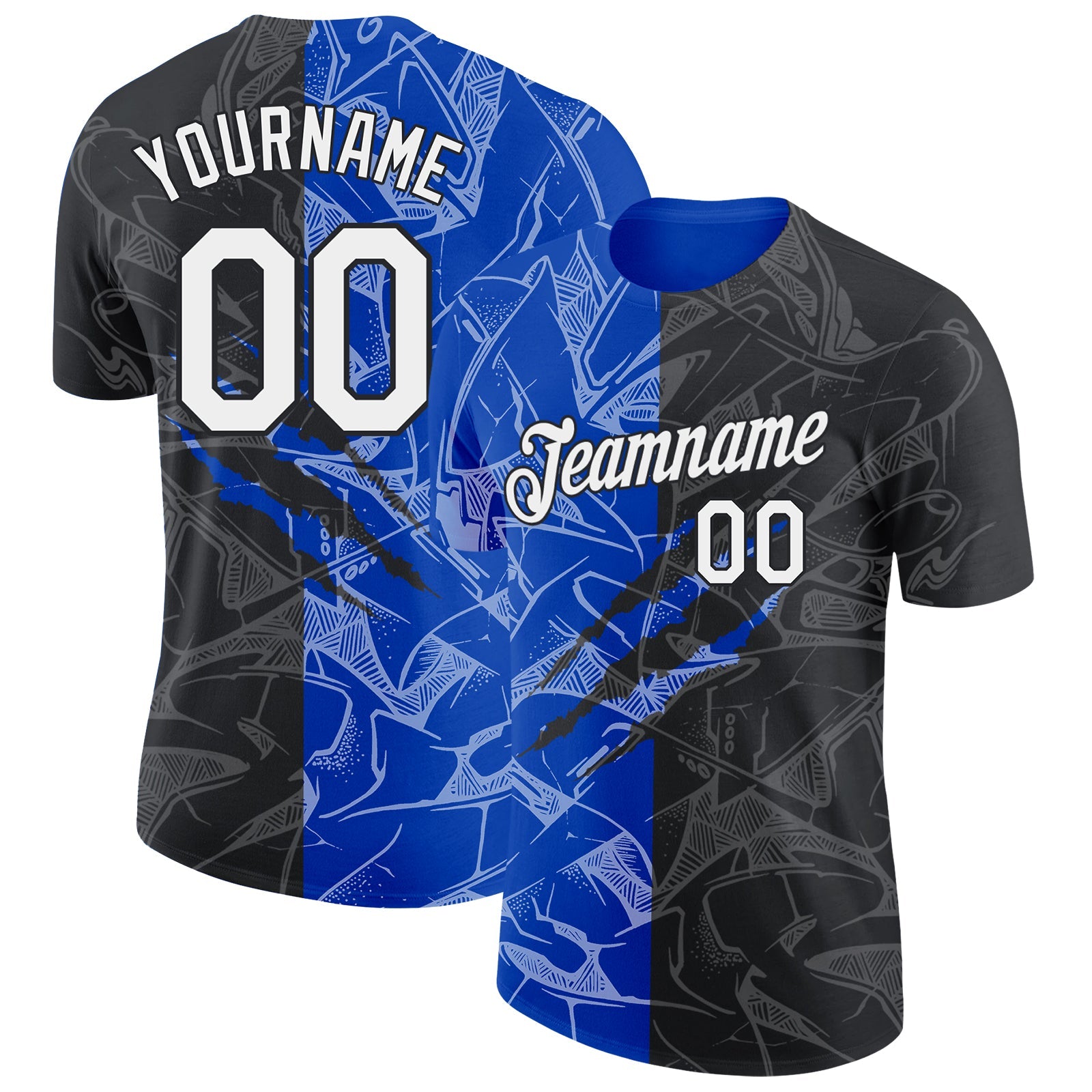 Custom Graffiti Pattern White Black-Thunder Blue Scratch 3D Performance T-Shirt