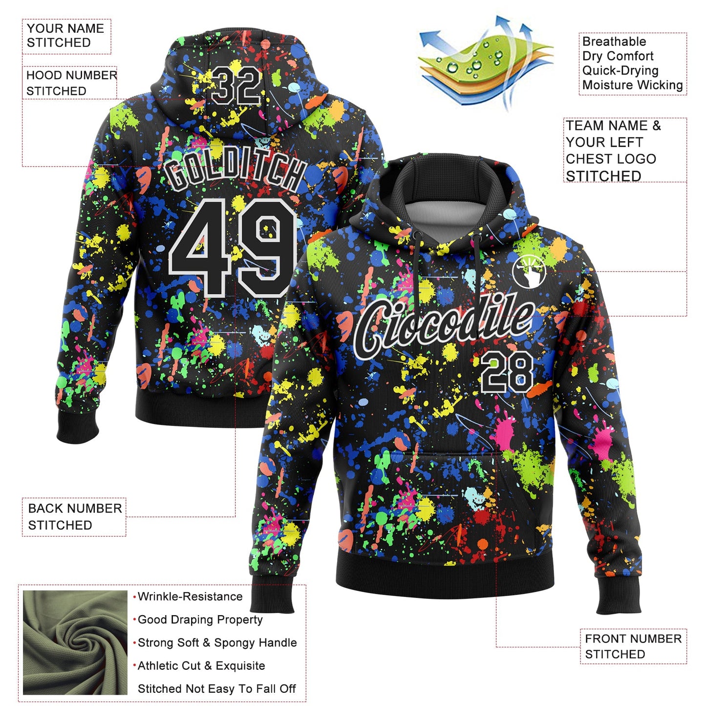 Custom Stitched Graffiti Pattern Black-White 3D Splash Grunge Art Sports Pullover Sweatshirt Hoodie