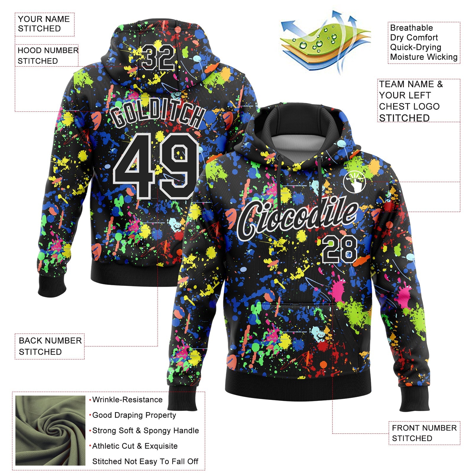 Custom Stitched Graffiti Pattern Black-White 3D Splash Grunge Art Sports Pullover Sweatshirt Hoodie