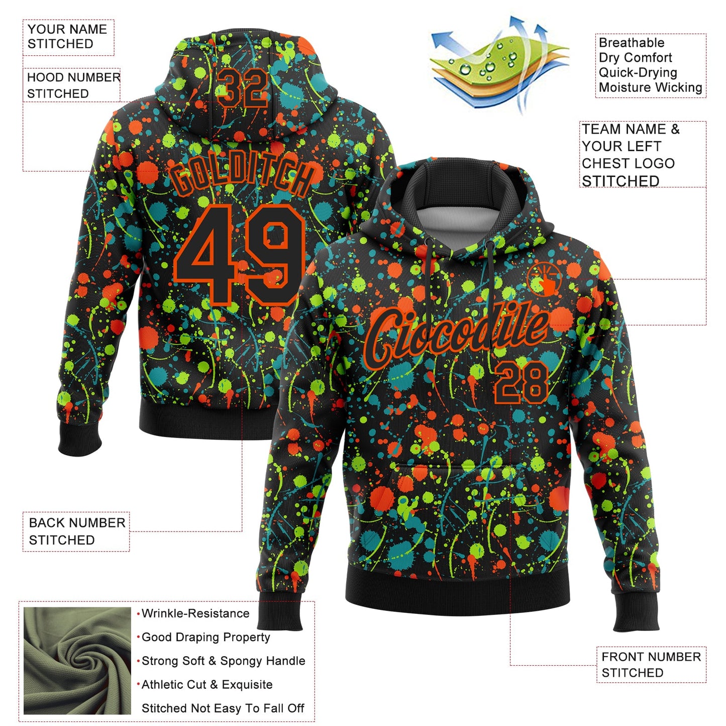 Custom Stitched Graffiti Pattern Black-Orange 3D Splash Grunge Art Sports Pullover Sweatshirt Hoodie