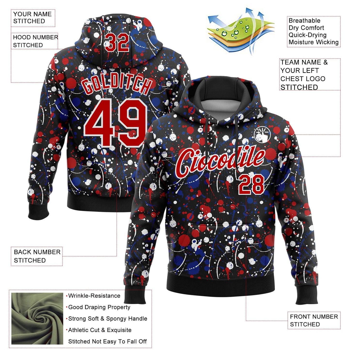 Custom Stitched Graffiti Pattern Red Black-White 3D Splash Grunge Art Sports Pullover Sweatshirt Hoodie