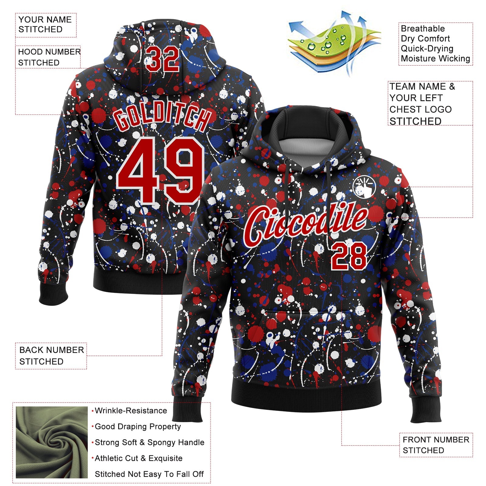 Custom Stitched Graffiti Pattern Red Black-White 3D Splash Grunge Art Sports Pullover Sweatshirt Hoodie