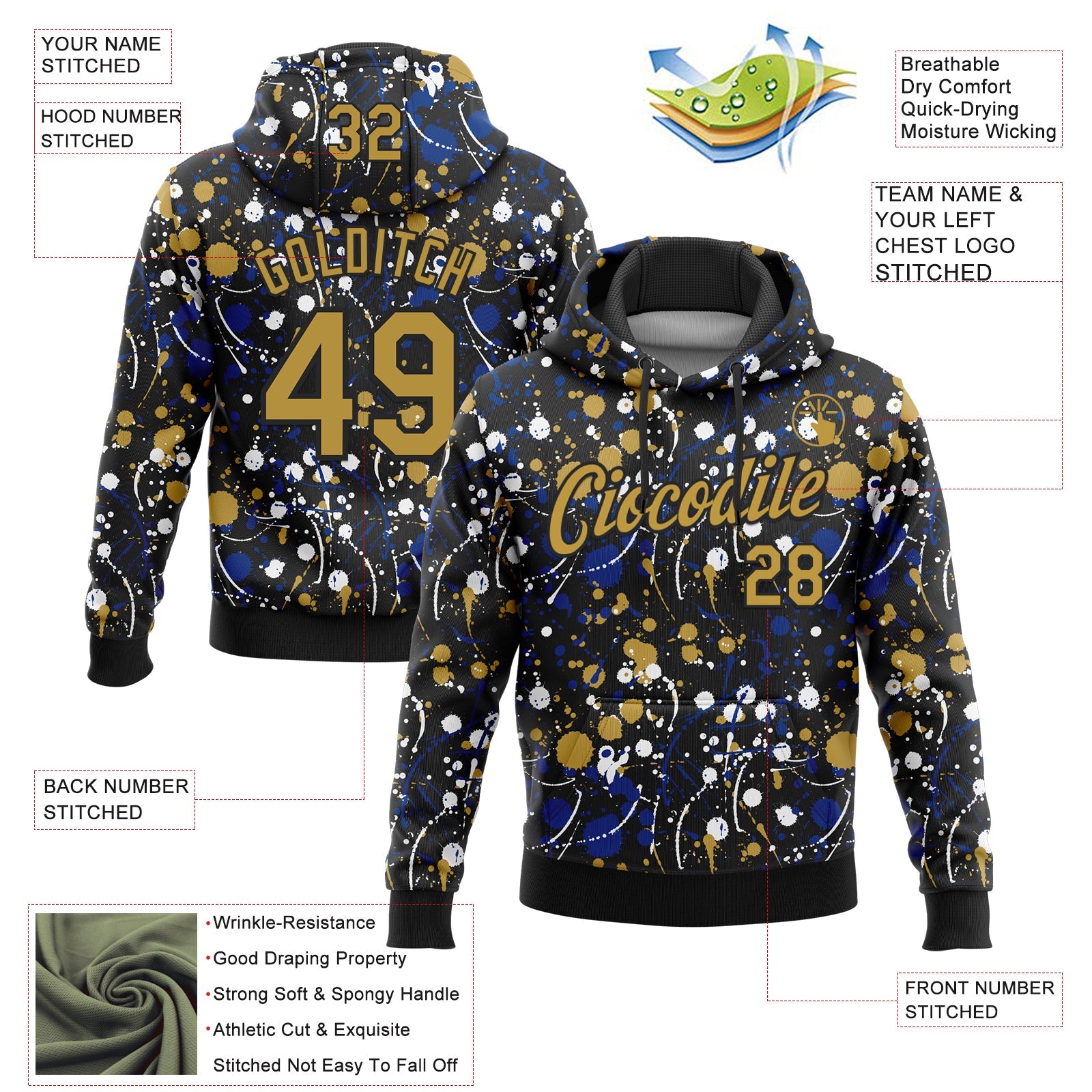 Custom Stitched Graffiti Pattern Old Gold-Black 3D Splash Grunge Art Sports Pullover Sweatshirt Hoodie
