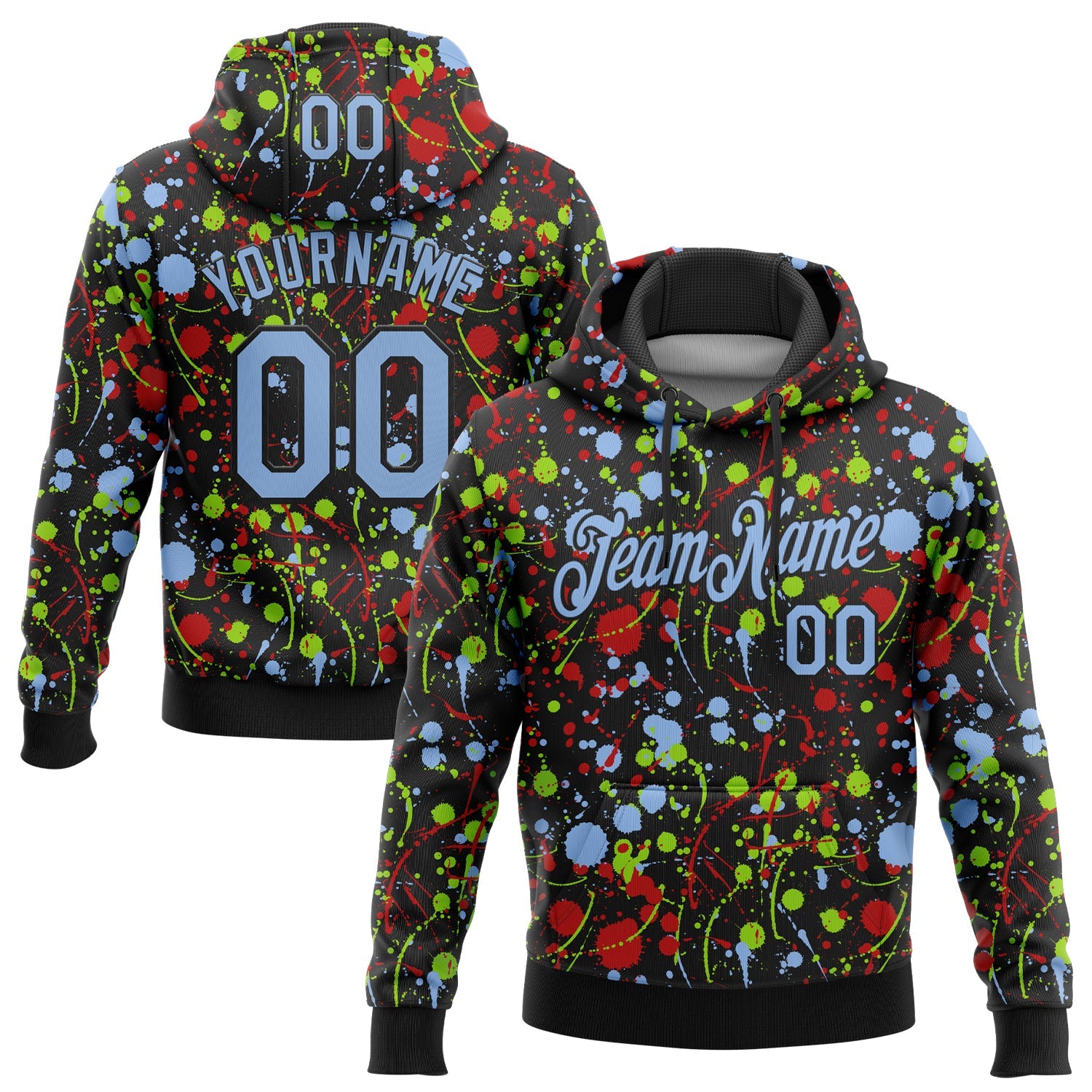 Custom Stitched Graffiti Pattern Light Blue-Black 3D Splash Grunge Art Sports Pullover Sweatshirt Hoodie