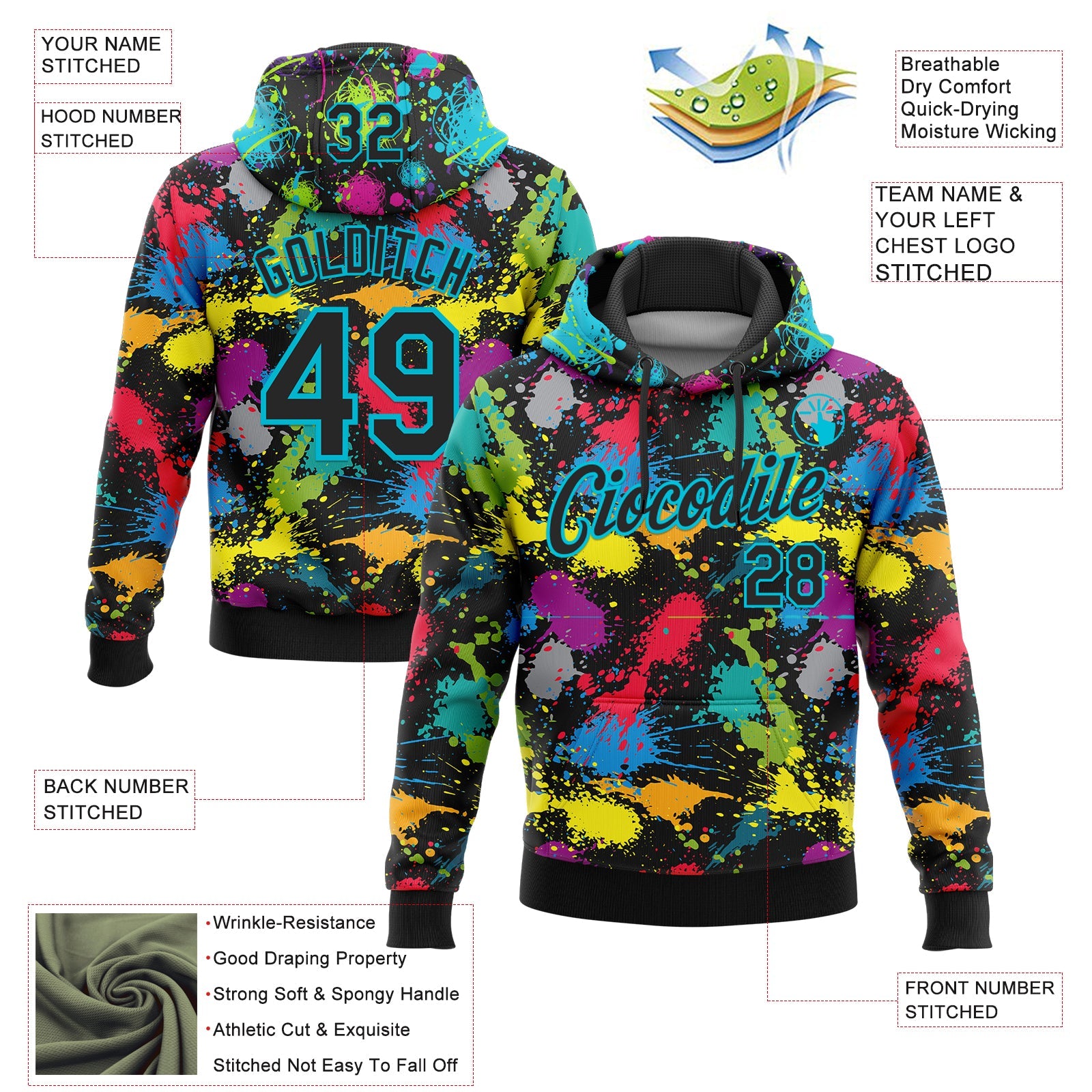 Custom Stitched Graffiti Pattern Black-Lakes Blue 3D Splash Grunge Art Sports Pullover Sweatshirt Hoodie