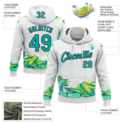 Custom Stitched Graffiti Pattern Aqua-Black 3D Trendy Abstract Urban Street Art Sports Pullover Sweatshirt Hoodie