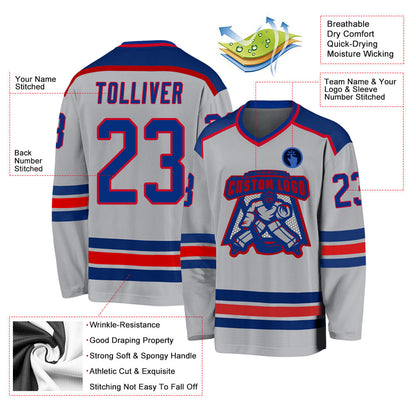 Custom Gray Royal-Red Hockey Jersey