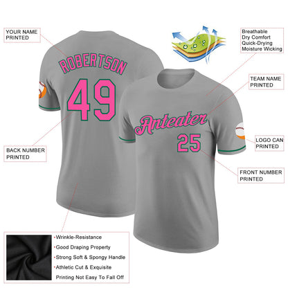 Custom Gray Pink-Kelly Green Performance T-Shirt