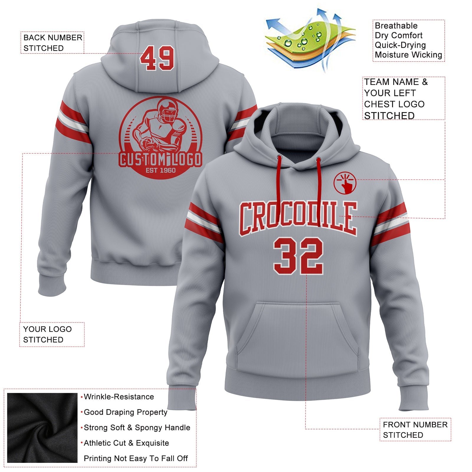 Custom Stitched Gray Red-White Football Pullover Sweatshirt Hoodie