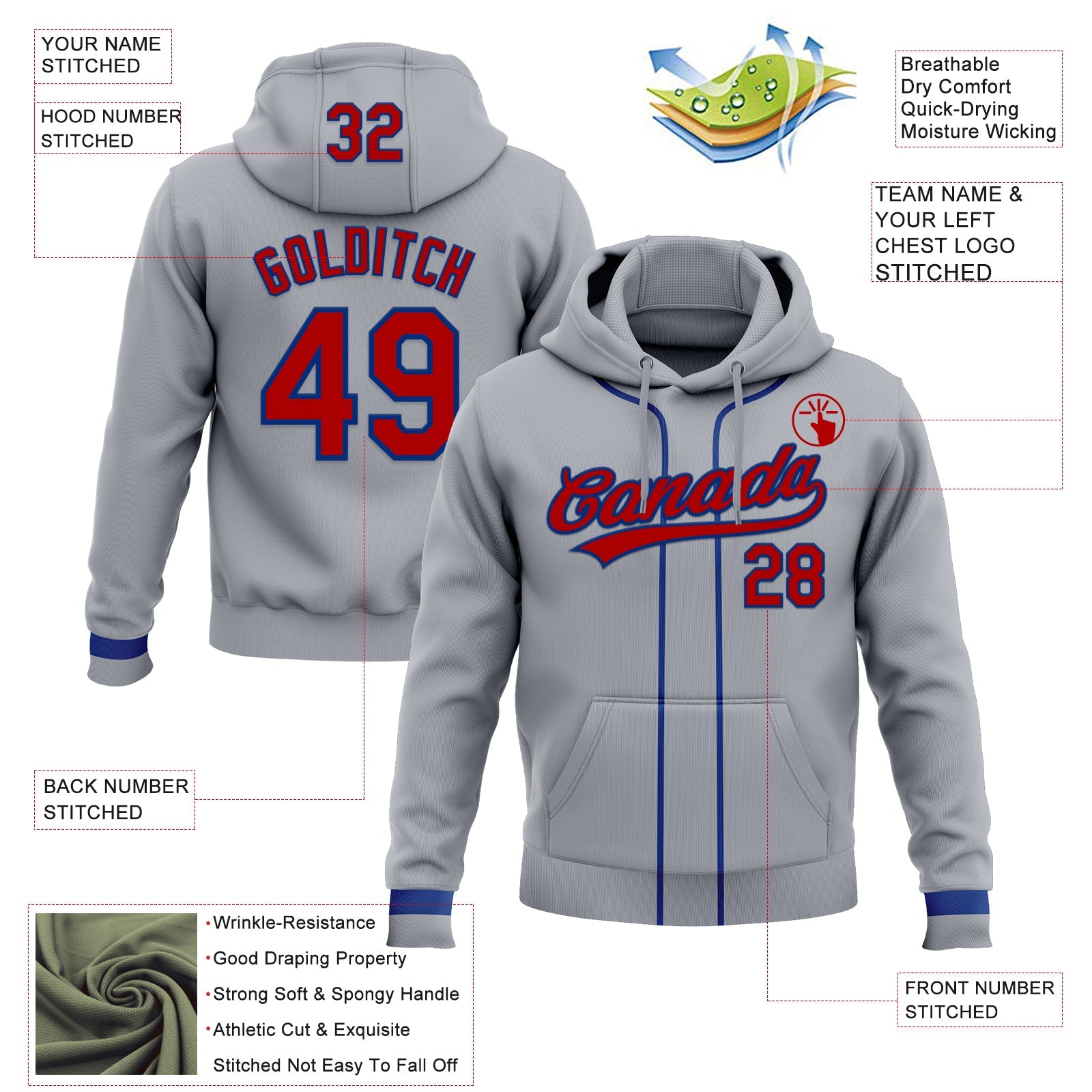 Custom Stitched Gray Red-Royal Baseball Pullover Sweatshirt Hoodie