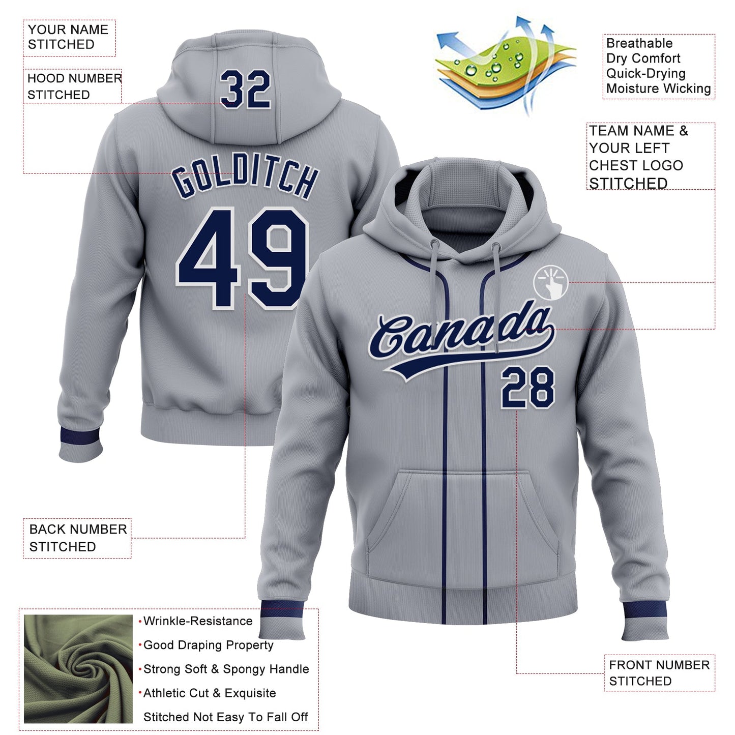 Custom Stitched Gray Navy-White Baseball Pullover Sweatshirt Hoodie