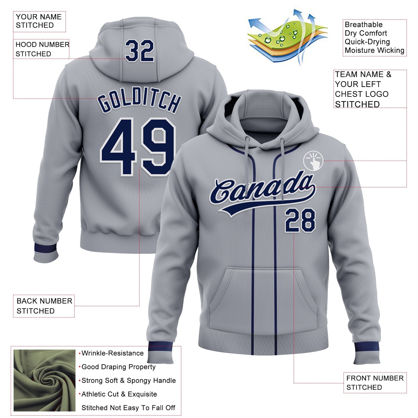 Custom Stitched Gray Navy-White Baseball Pullover Sweatshirt Hoodie