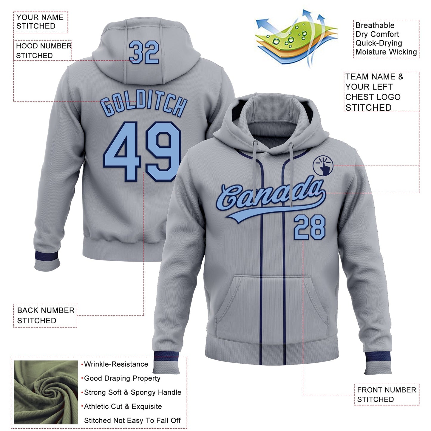 Custom Stitched Gray Light Blue-Navy Baseball Pullover Sweatshirt Hoodie