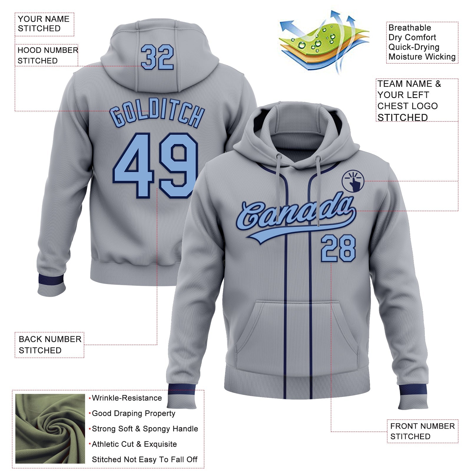 Custom Stitched Gray Light Blue-Navy Baseball Pullover Sweatshirt Hoodie