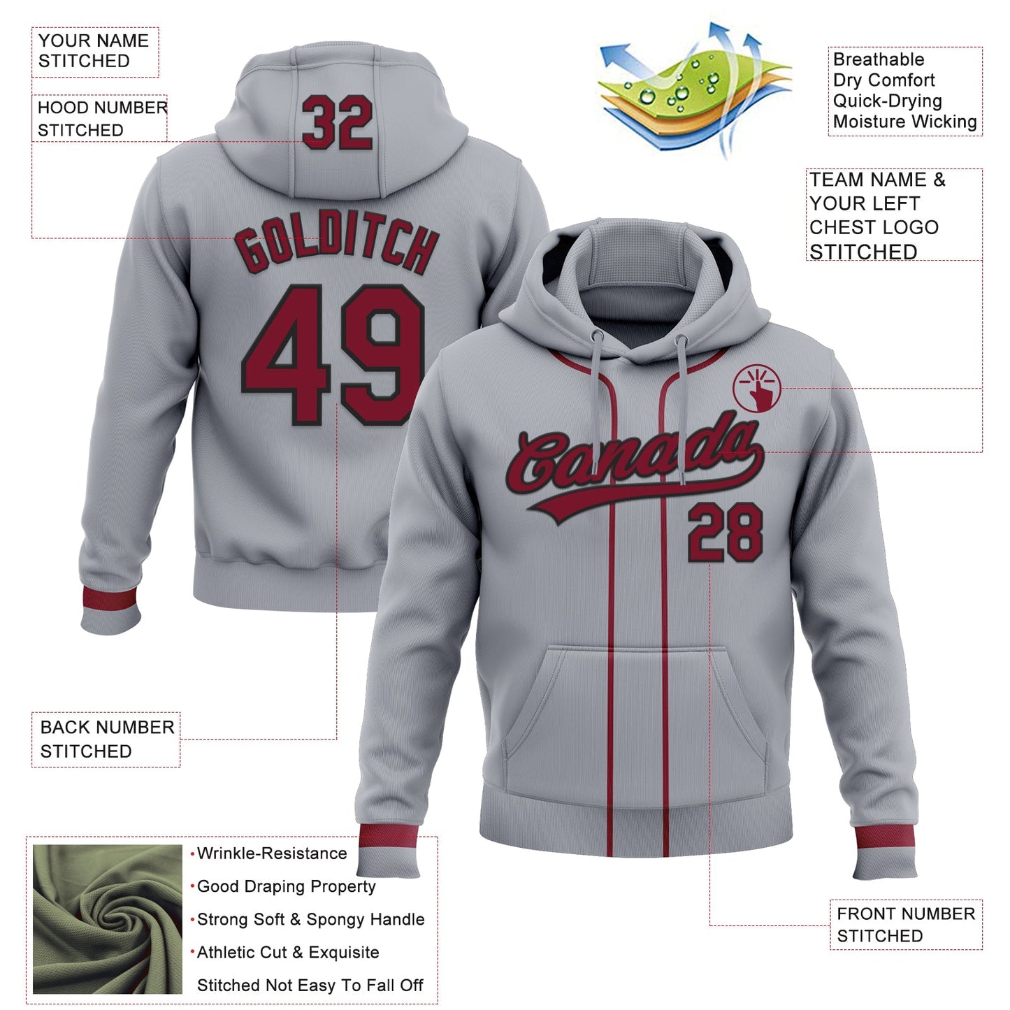 Custom Stitched Gray Crimson-Black Baseball Pullover Sweatshirt Hoodie