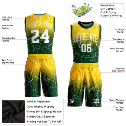 Custom Green White-Gold Round Neck Sublimation Basketball Uniform Jersey