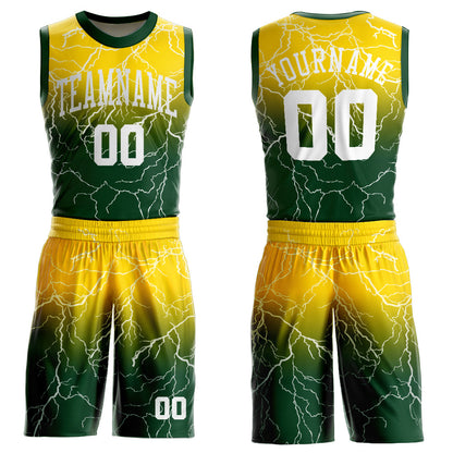 Custom Green White-Gold Round Neck Sublimation Basketball Uniform Jersey