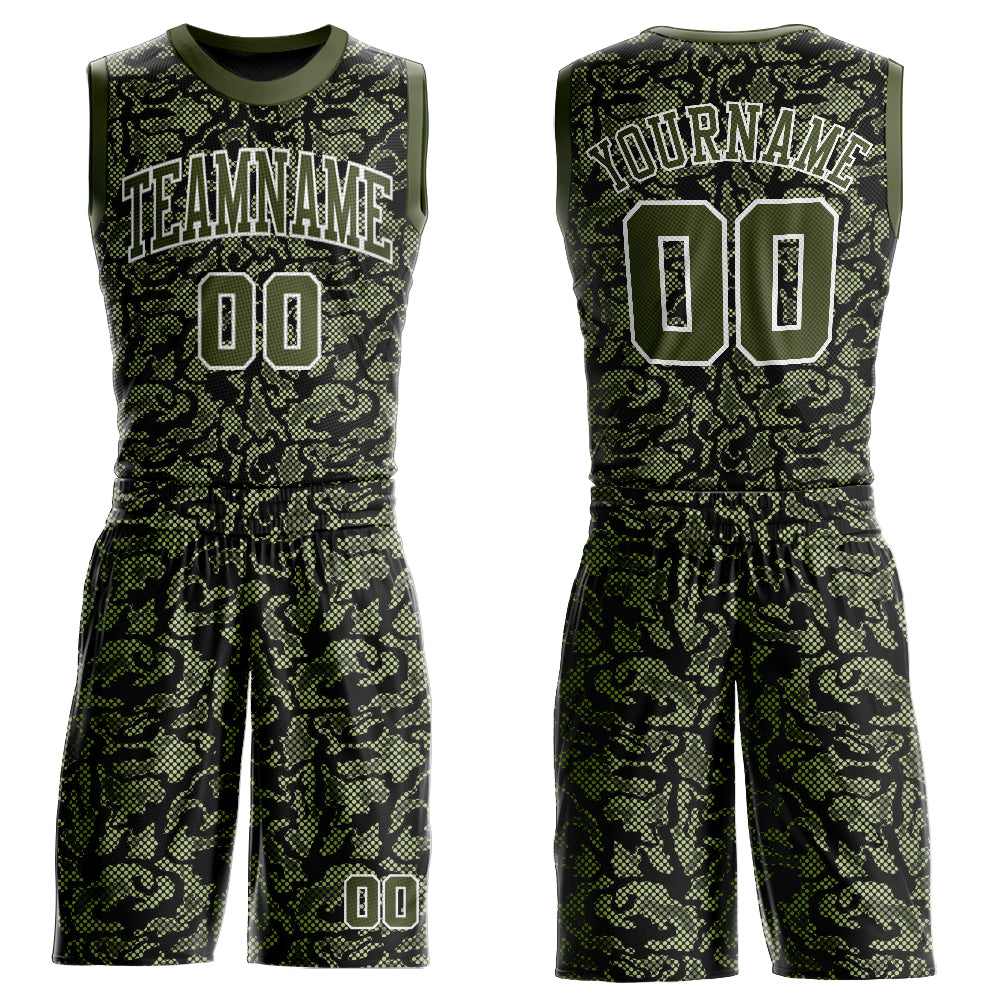 Custom Green Olive-Black Round Neck Sublimation Basketball Uniform Jersey