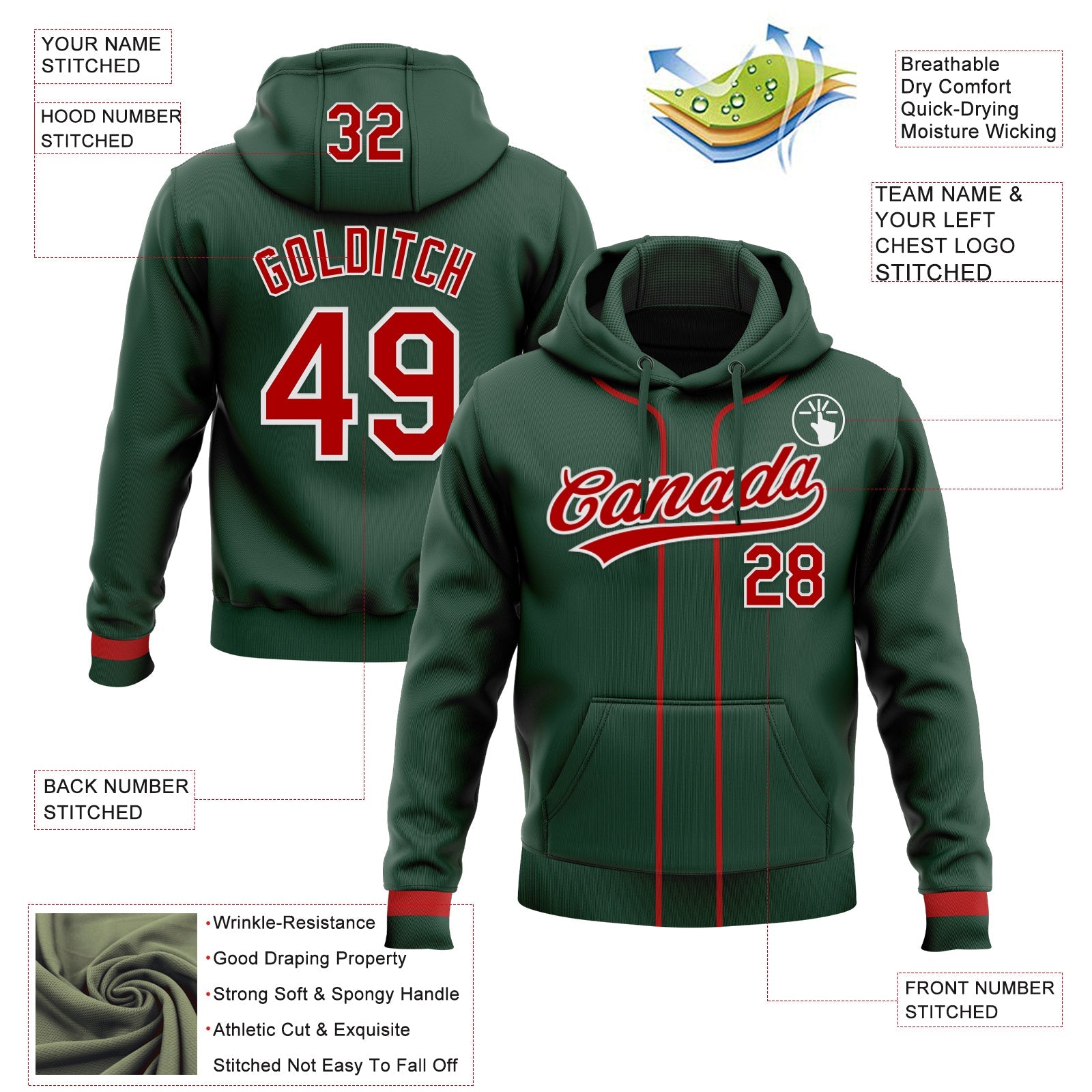 Custom Stitched Green Red-White Baseball Pullover Sweatshirt Hoodie
