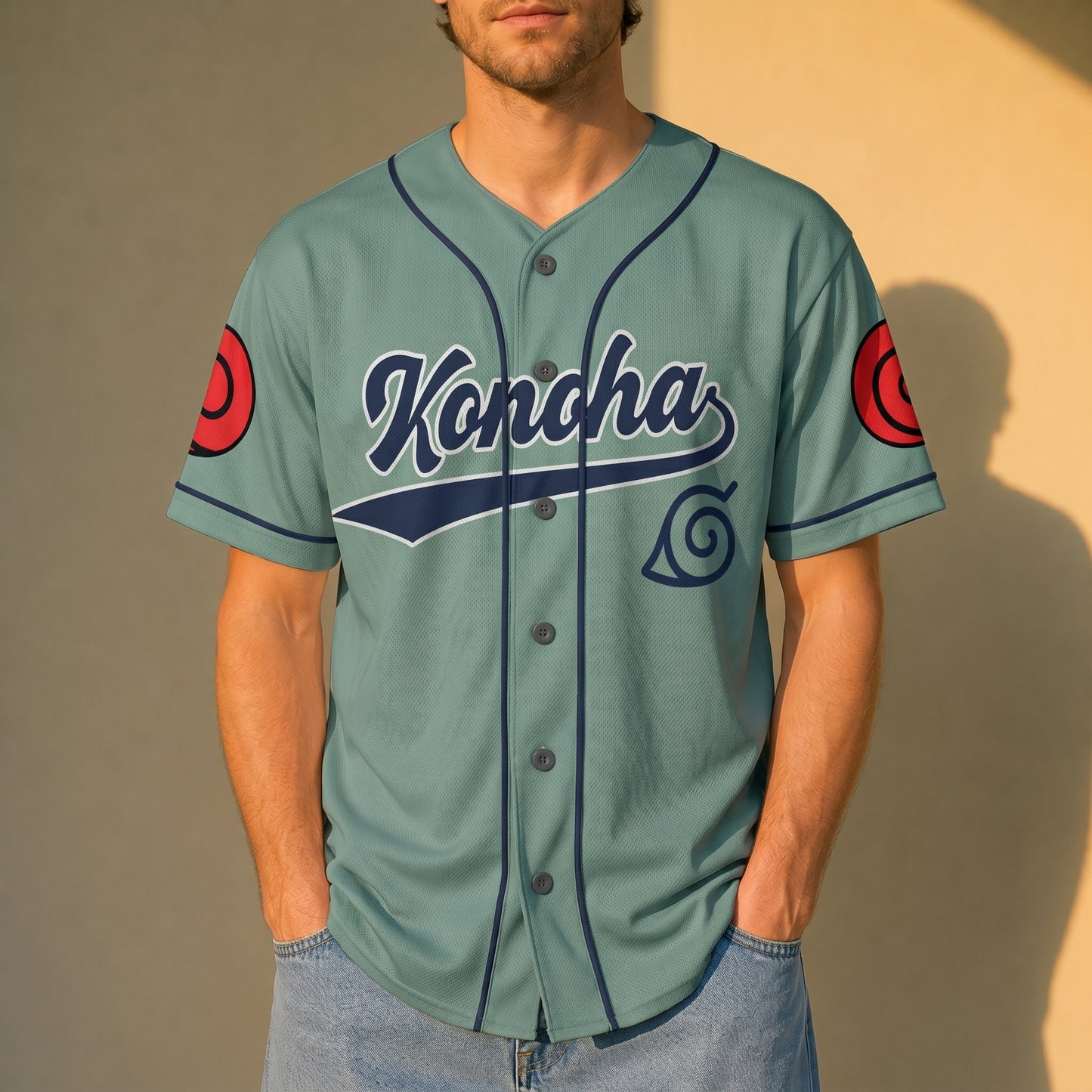 Custom Sage Green Navy Authentic Baseball Jersey, Ninja Anime Inspired Button Up Sports Jersey, Manga Fan Gift