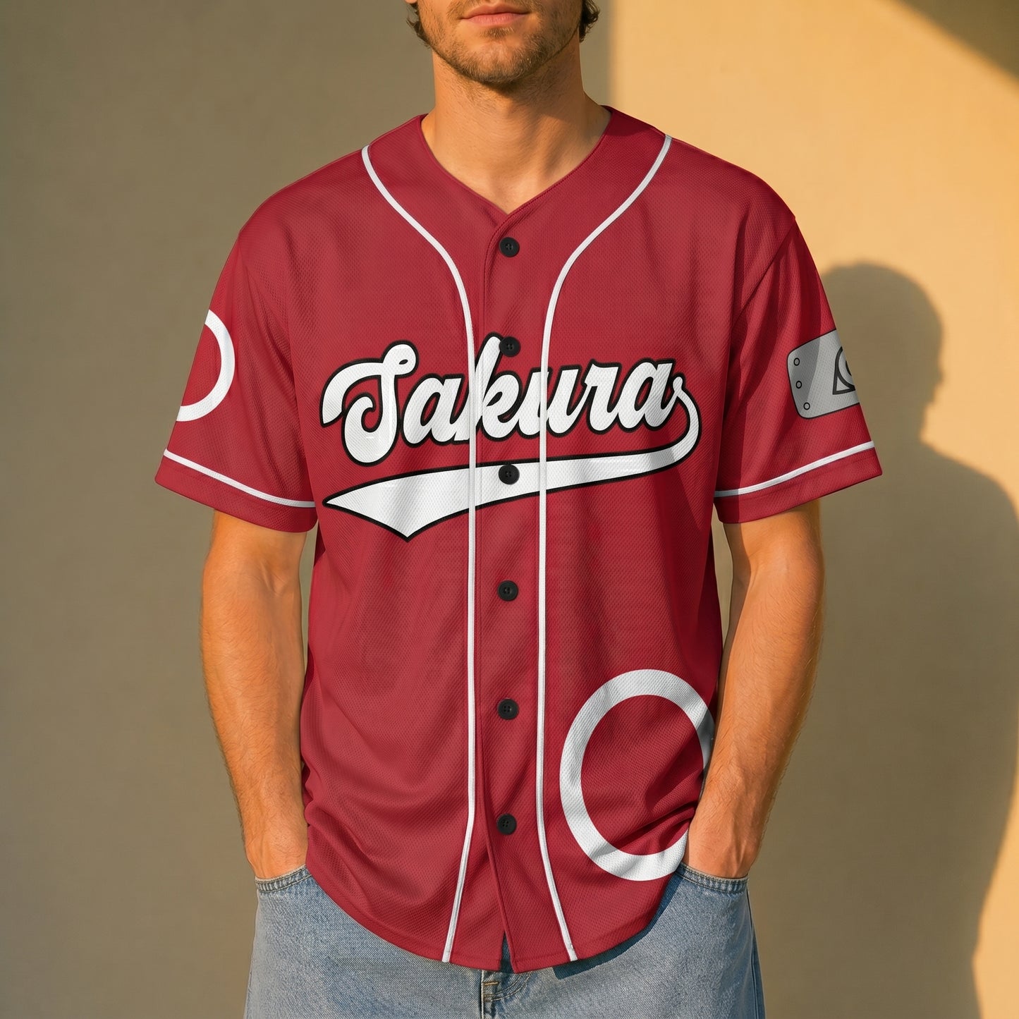 Custom Red White Authentic Baseball Jersey, Anime Ninja Inspired Button Up Jersey, Manga Fan Cosplay Sports Shirt