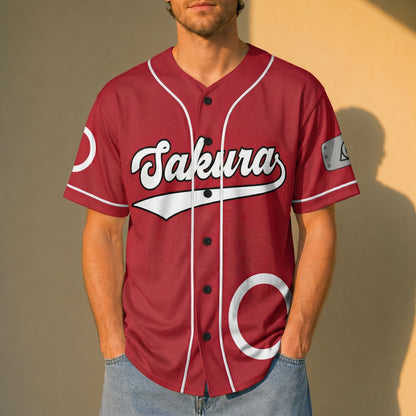 Custom Red White Authentic Baseball Jersey, Anime Ninja Inspired Button Up Jersey, Manga Fan Cosplay Sports Shirt
