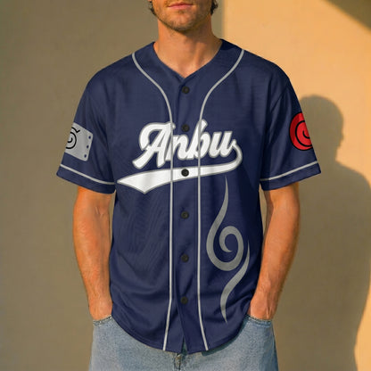 Custom Navy Gray Authentic Baseball Jersey, Anime Ninja Inspired Button Up Jersey, Manga Fan Cosplay Sports Shirt