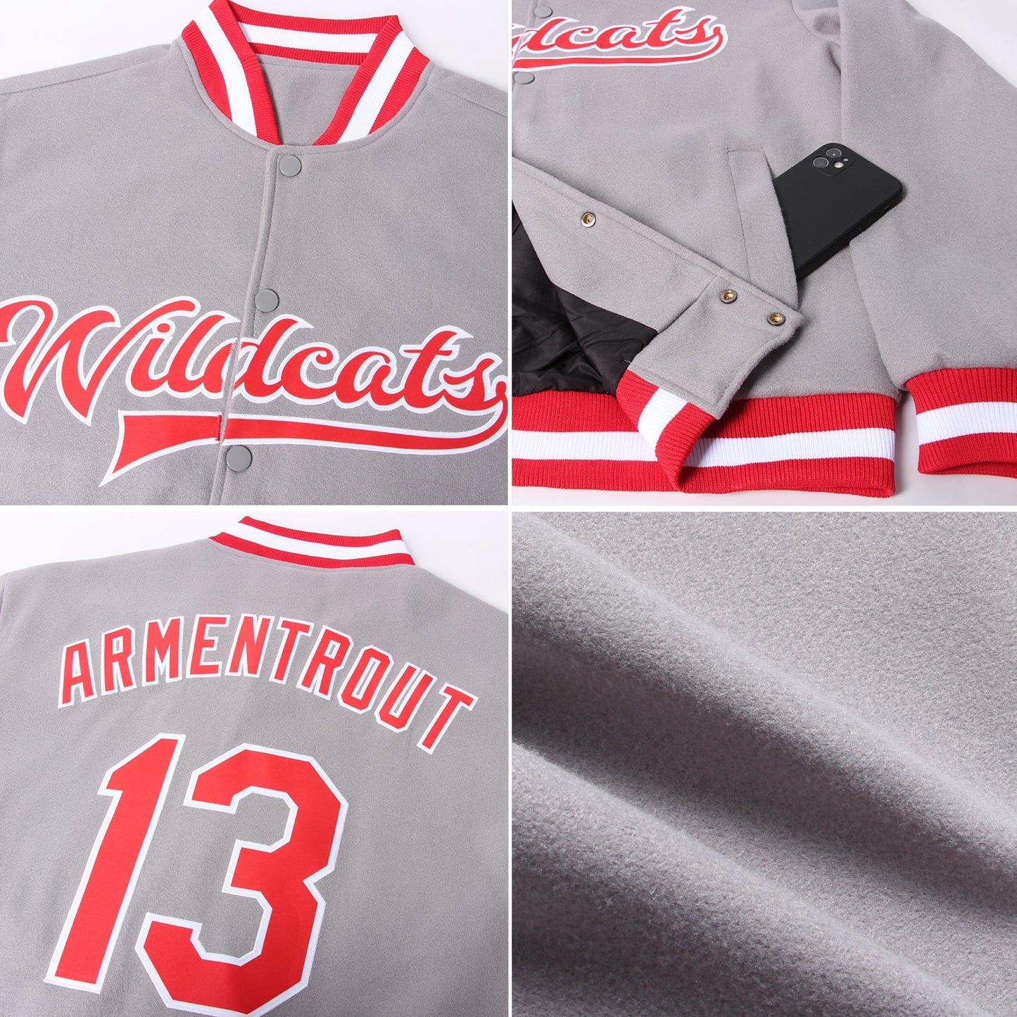 Custom Gray Red-White Bomber Full-Snap Varsity Letterman Jacket