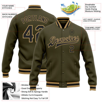 Custom Olive Black-Old Gold Bomber Full-Snap Varsity Letterman Salute To Service Jacket