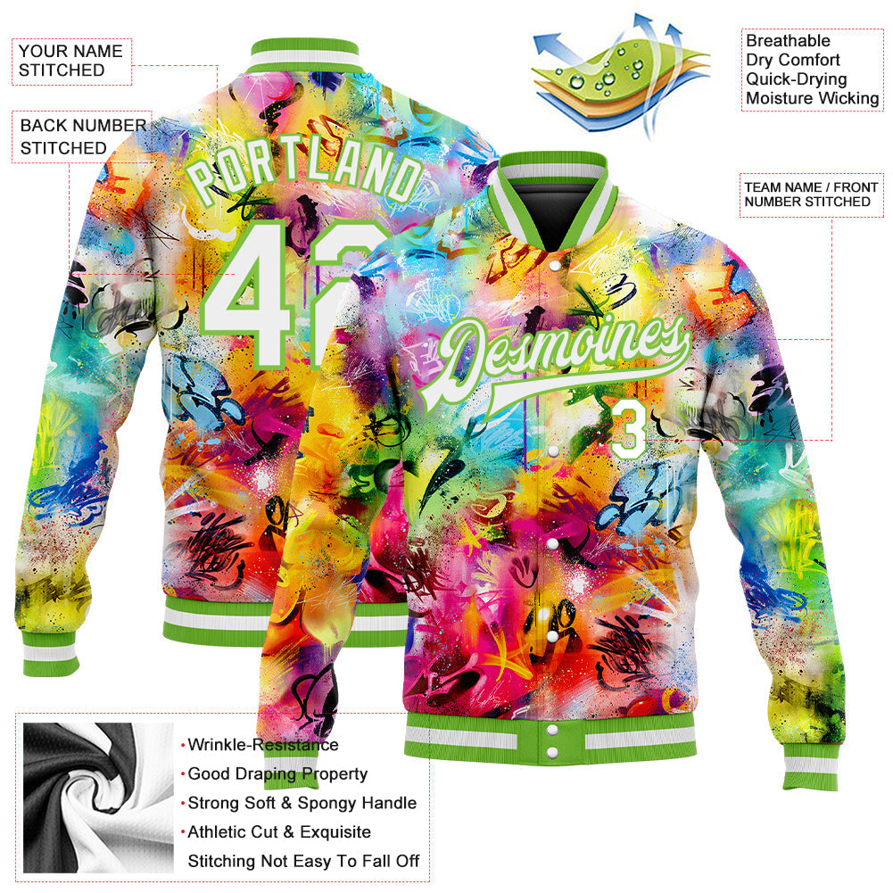 Custom Graffiti Pattern White-Neon Green Scratch 3D Bomber Full-Snap Varsity Letterman Jacket