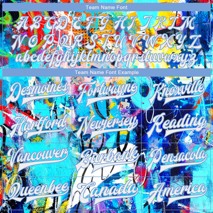 Custom Graffiti Pattern White-Light Blue Abstract 3D Bomber Full-Snap Varsity Letterman Jacket