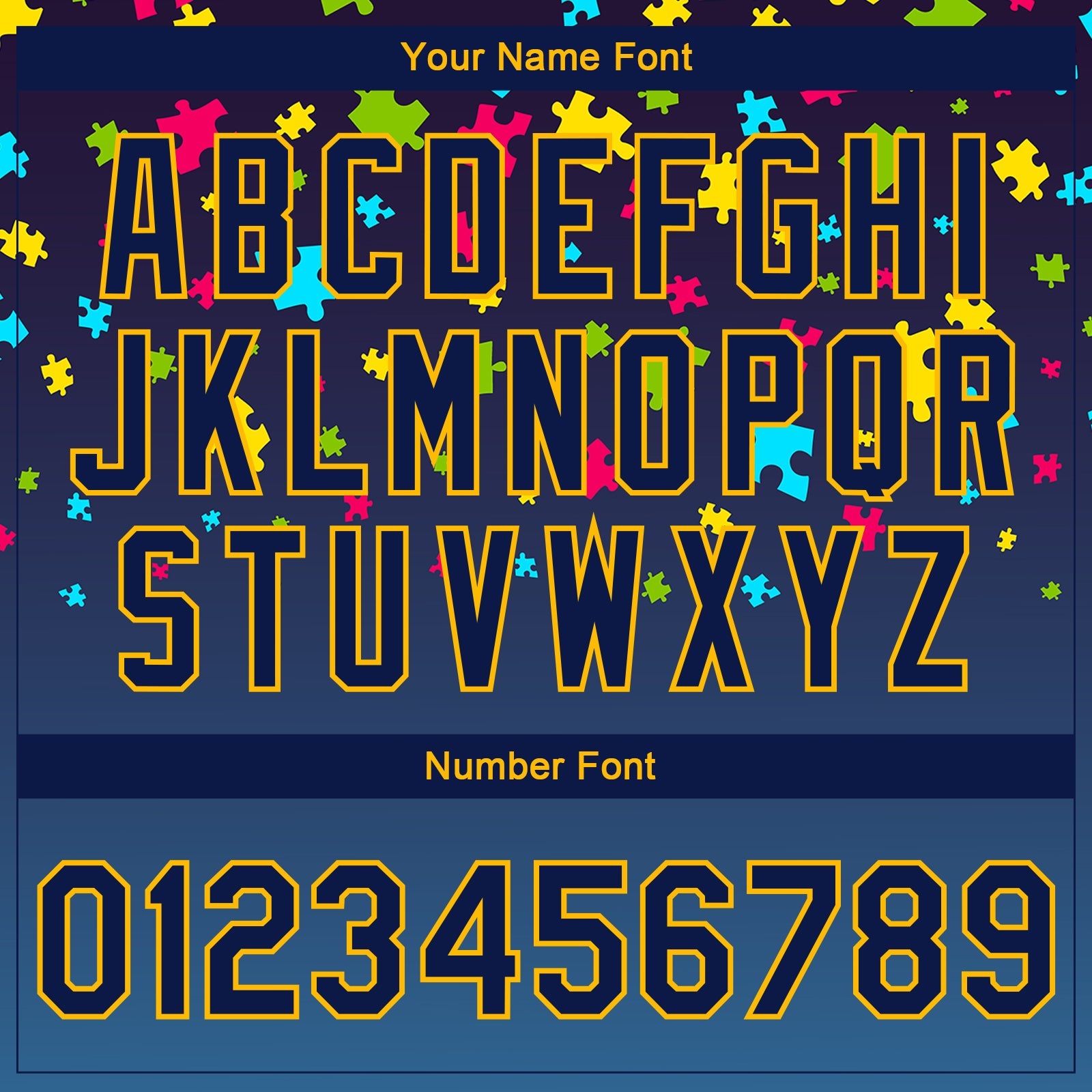 Custom Autism Supporter Awareness Puzzle Pieces Navy-Gold 3D Bomber Full-Snap Varsity Letterman Jacket