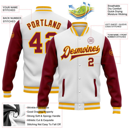 Custom White Crimson-Gold Bomber Full-Snap Varsity Letterman Two Tone Jacket