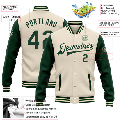 Custom Cream Green Bomber Full-Snap Varsity Letterman Two Tone Jacket