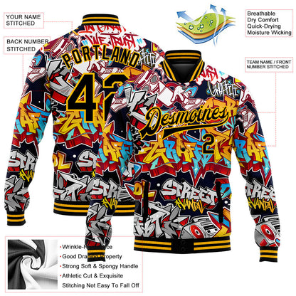 Custom Graffiti Pattern Black-Gold Grunge Urban Street Art 3D Bomber Full-Snap Varsity Letterman Jacket