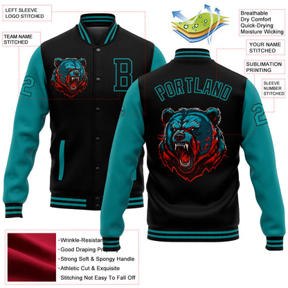 Custom Black Teal 3D Pattern Design Bomber Full-Snap Varsity Letterman Jacket