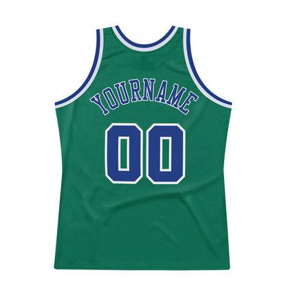Custom Kelly Green Royal-White Authentic Throwback Basketball Jersey