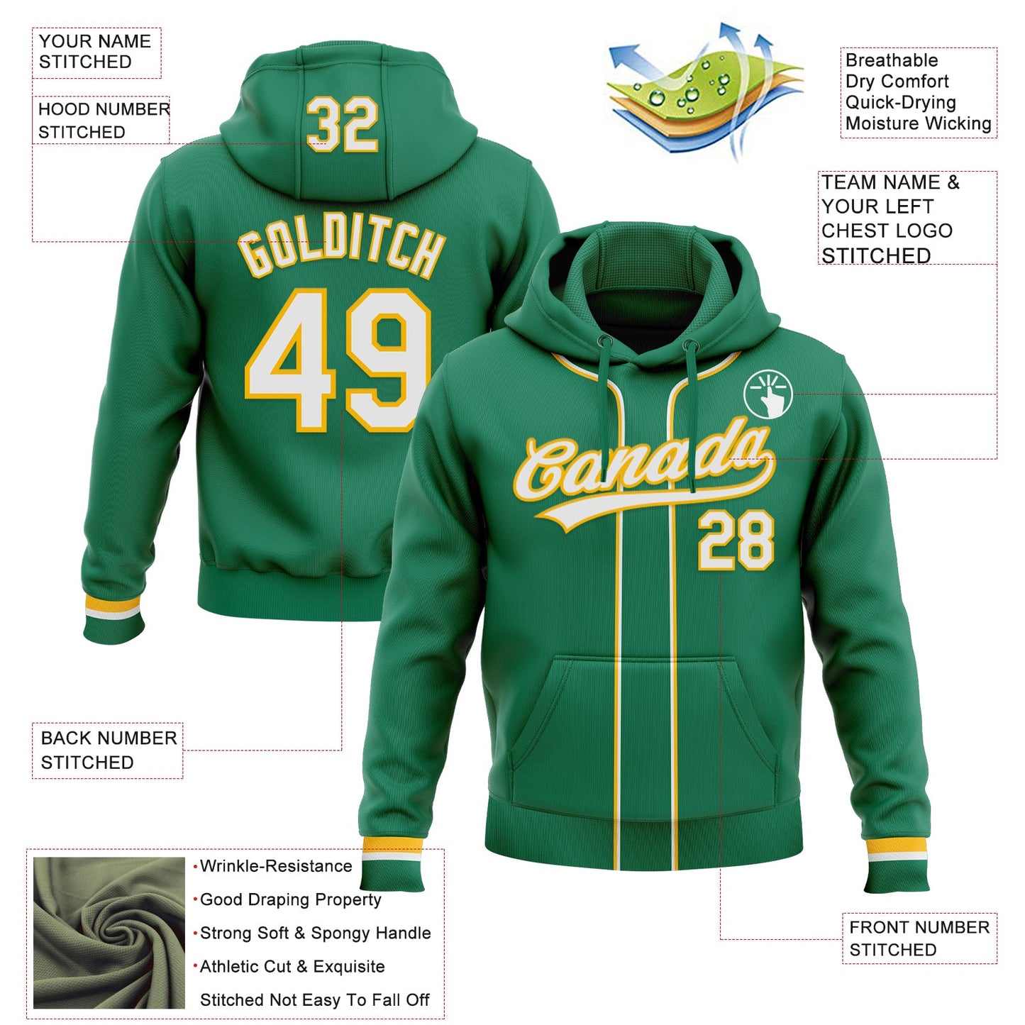 Custom Stitched Kelly Green White-Gold Baseball Pullover Sweatshirt Hoodie