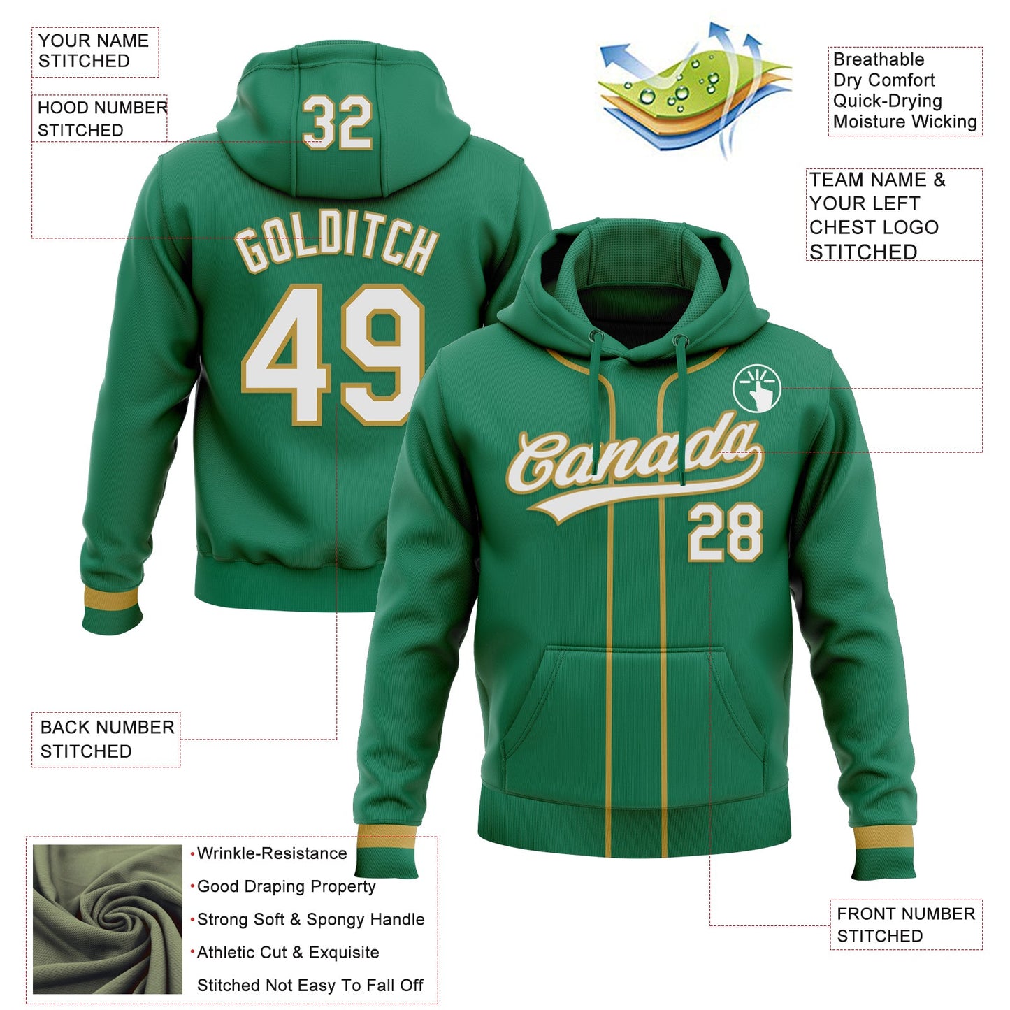 Custom Stitched Kelly Green White-Old Gold Baseball Pullover Sweatshirt Hoodie
