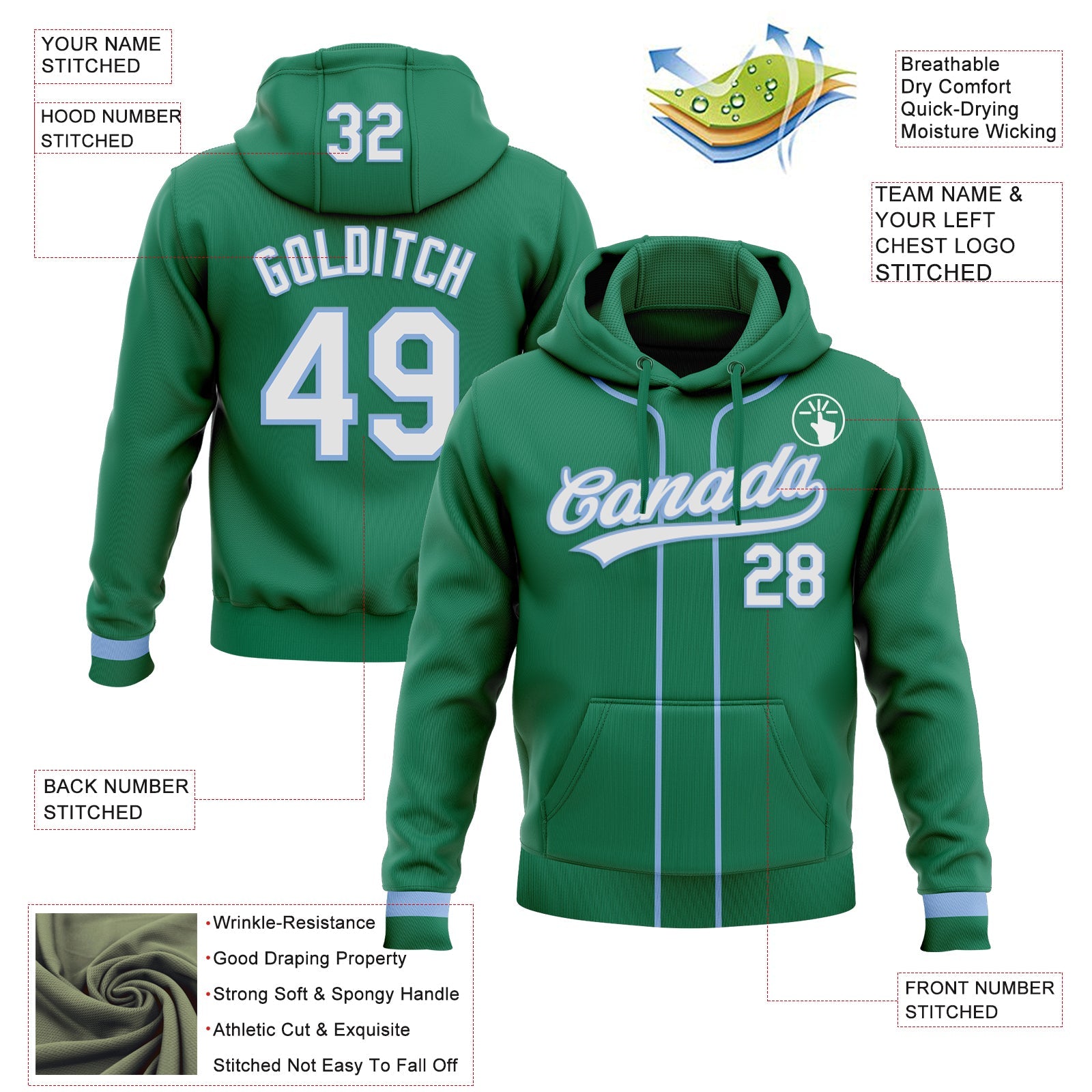 Custom Stitched Kelly Green White-Light Blue Baseball Pullover Sweatshirt Hoodie