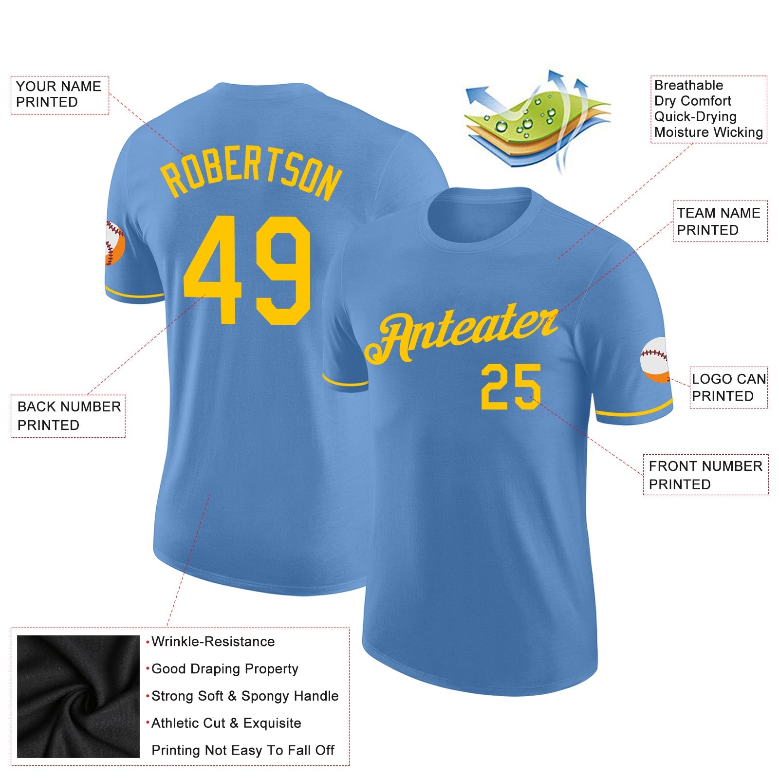 Custom Light Blue Gold Performance T-Shirt